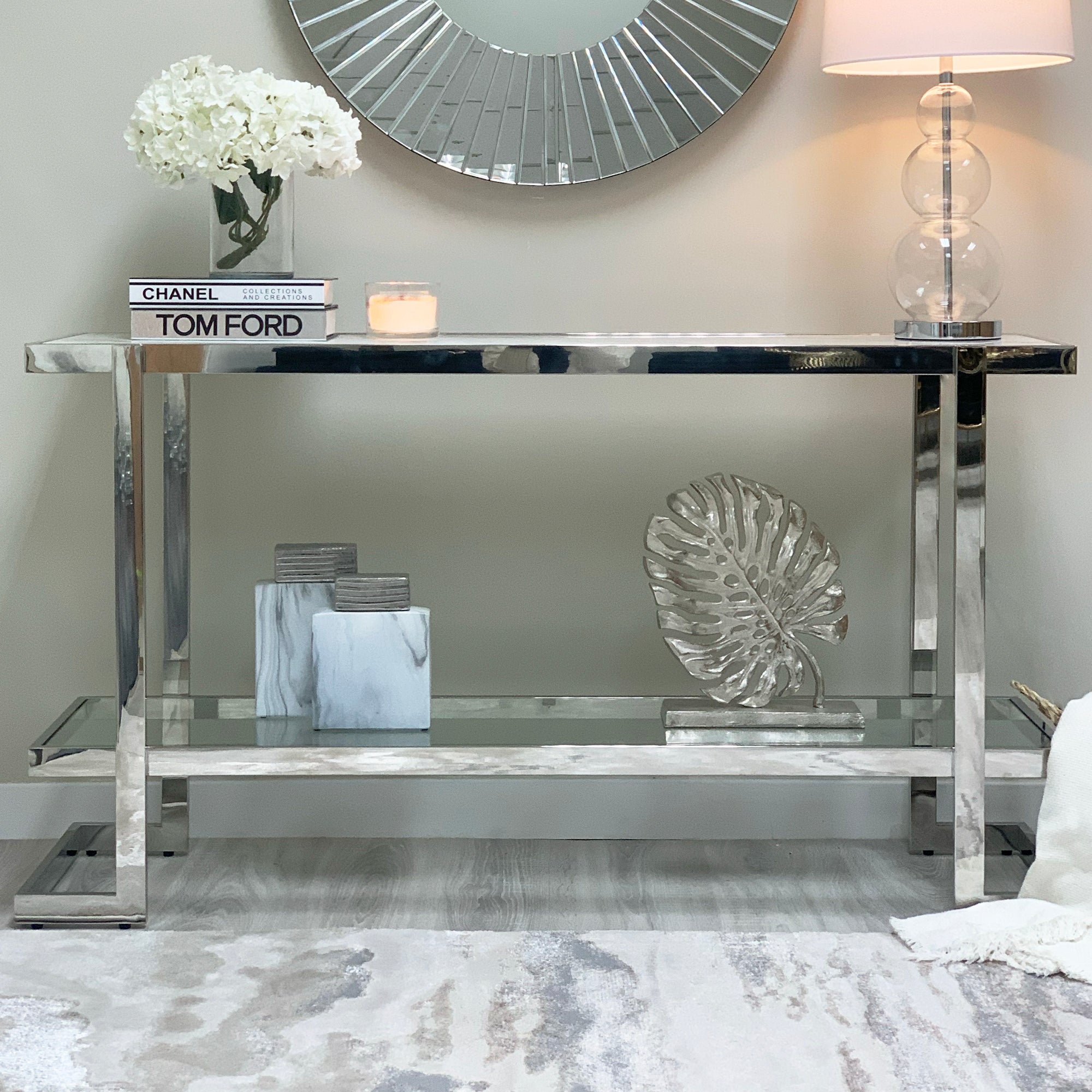 Clara White Marble Effect Console Table With Silver Frame
