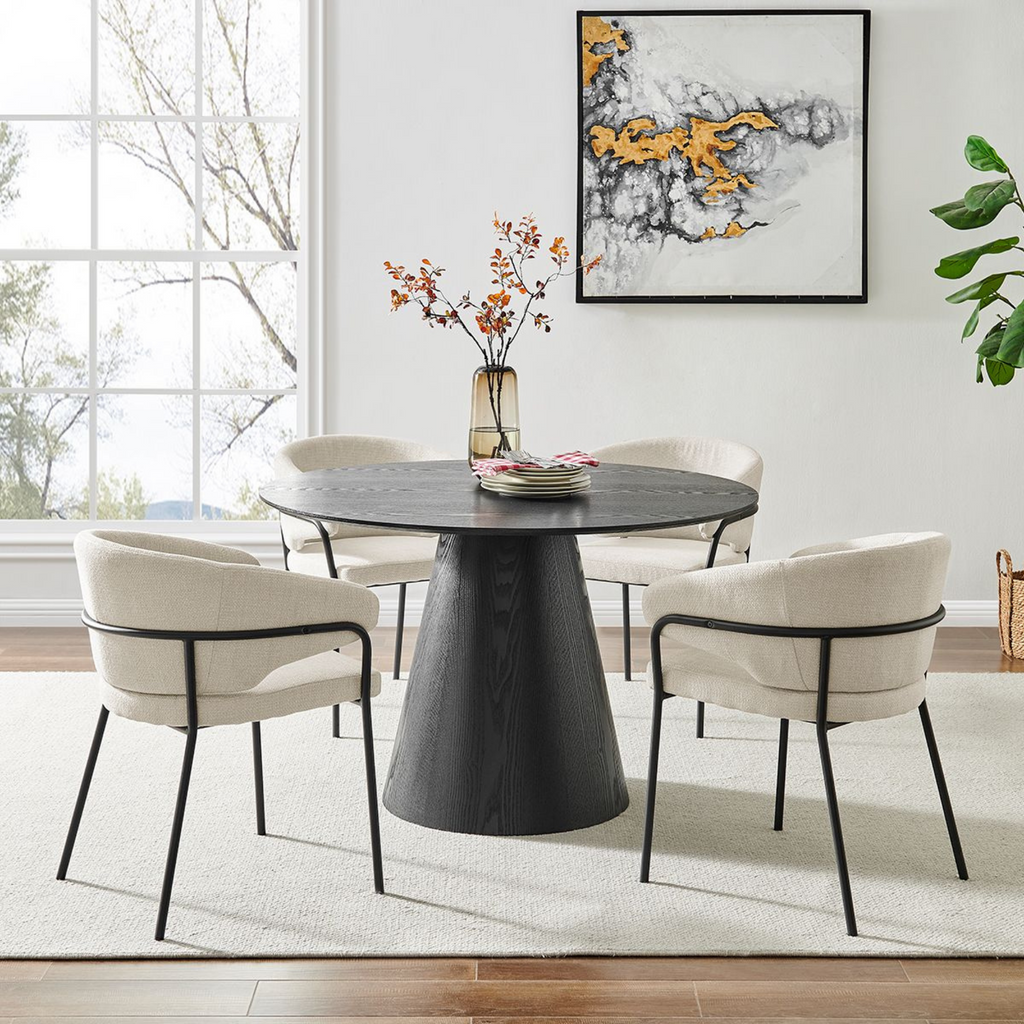 Casa Round Black Wooden Dining Set with 4 Cream Linen Dining Chairs