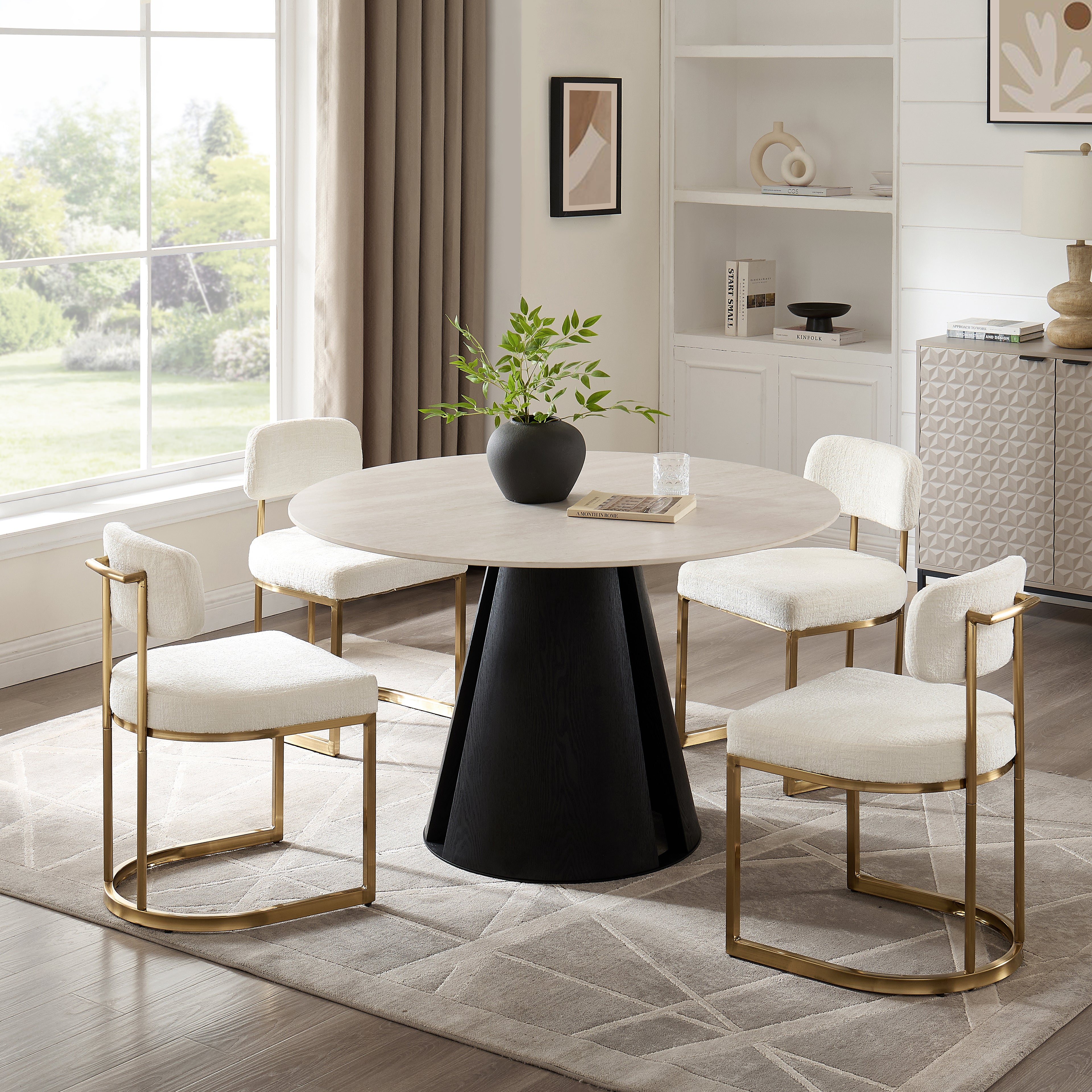 Maya Round Light Cream Ceramic Dining Table with Black Base