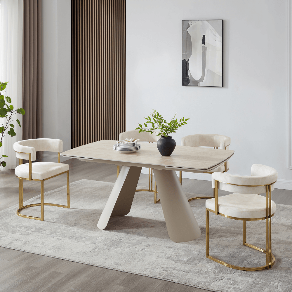 Petra Cream Travertine Ceramic Dining Set With 4 Mia Gold Chairs