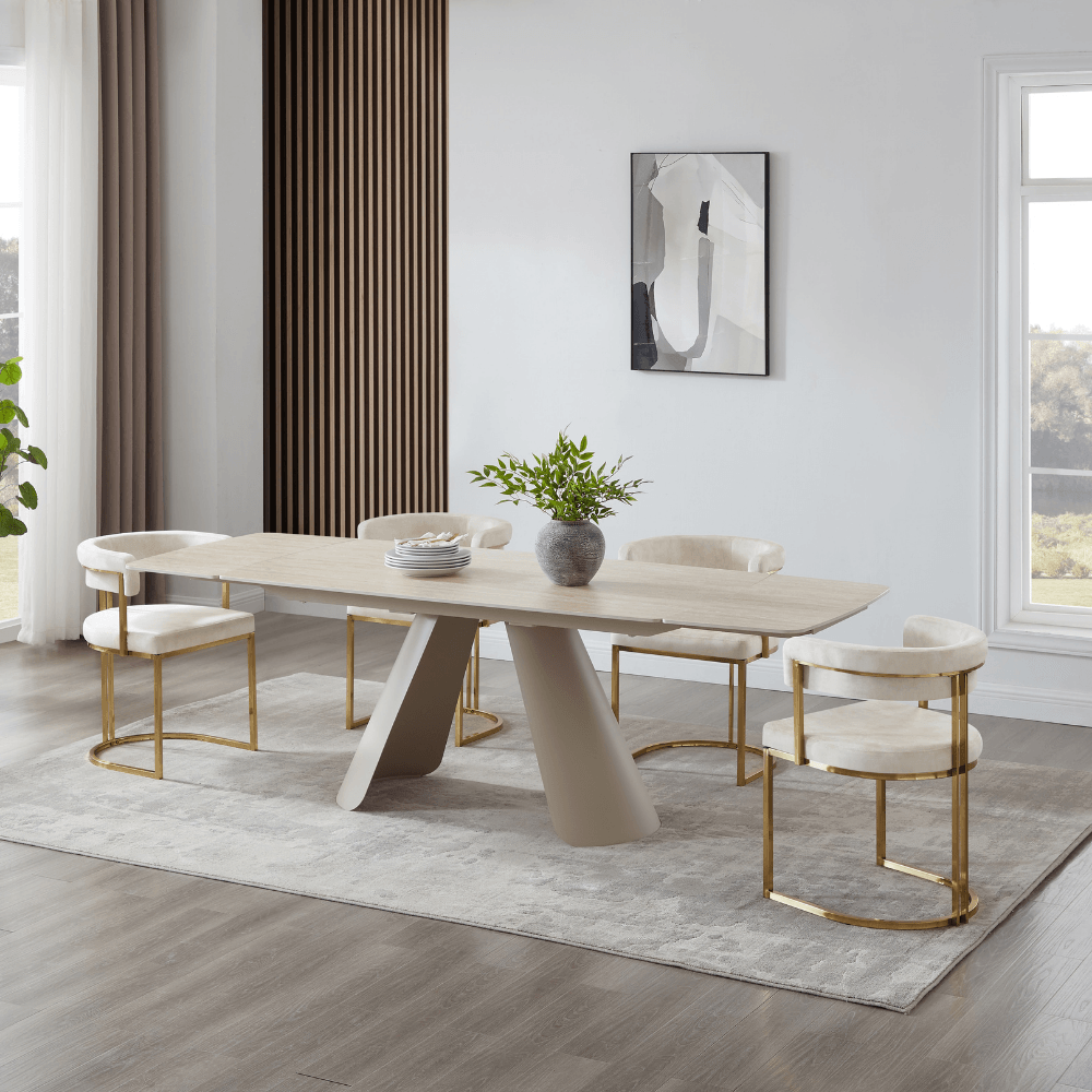 Petra Cream Travertine Ceramic Dining Set With 4 Mia Gold Chairs
