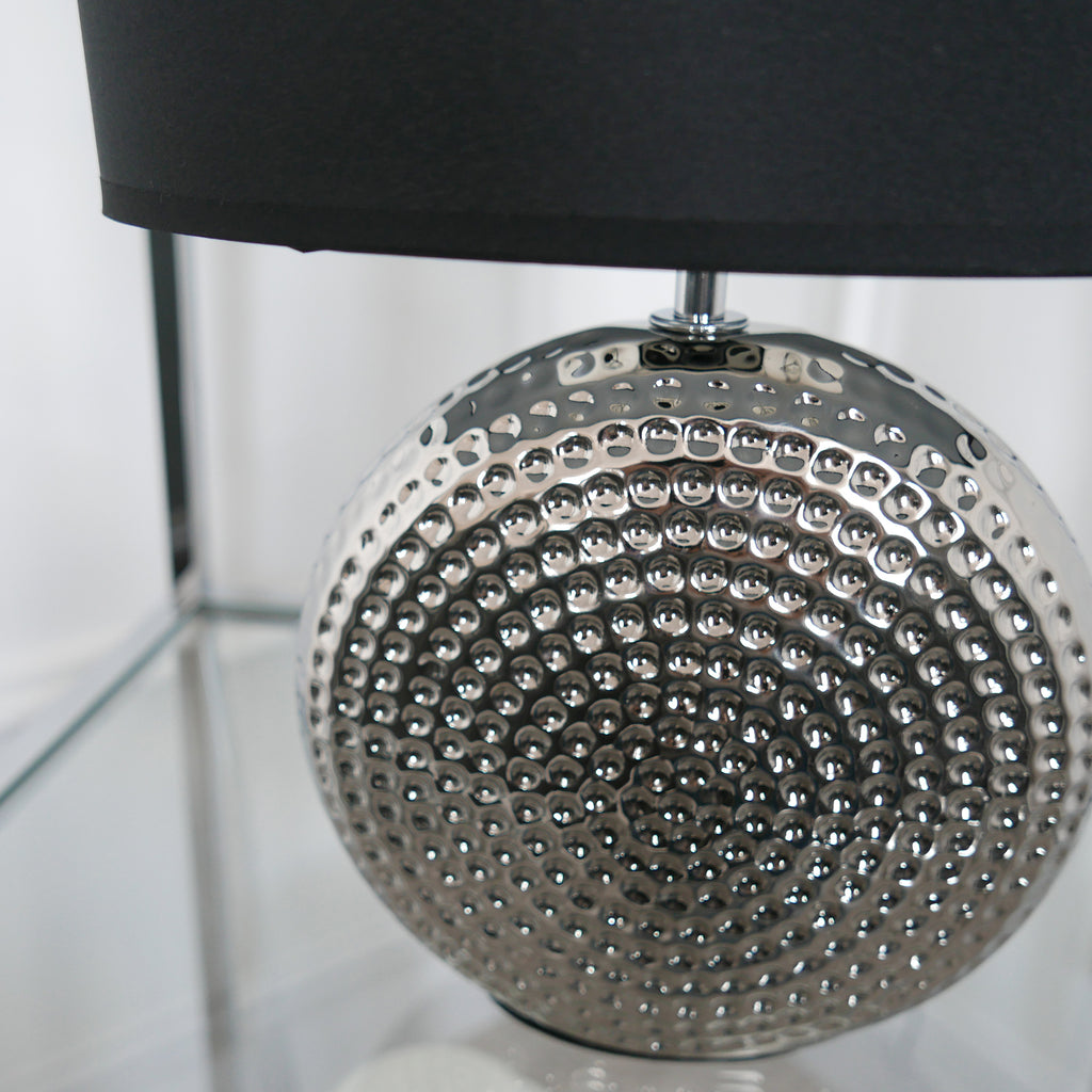 Hail Hammered Effect Silver Table Lamp With Black Shade